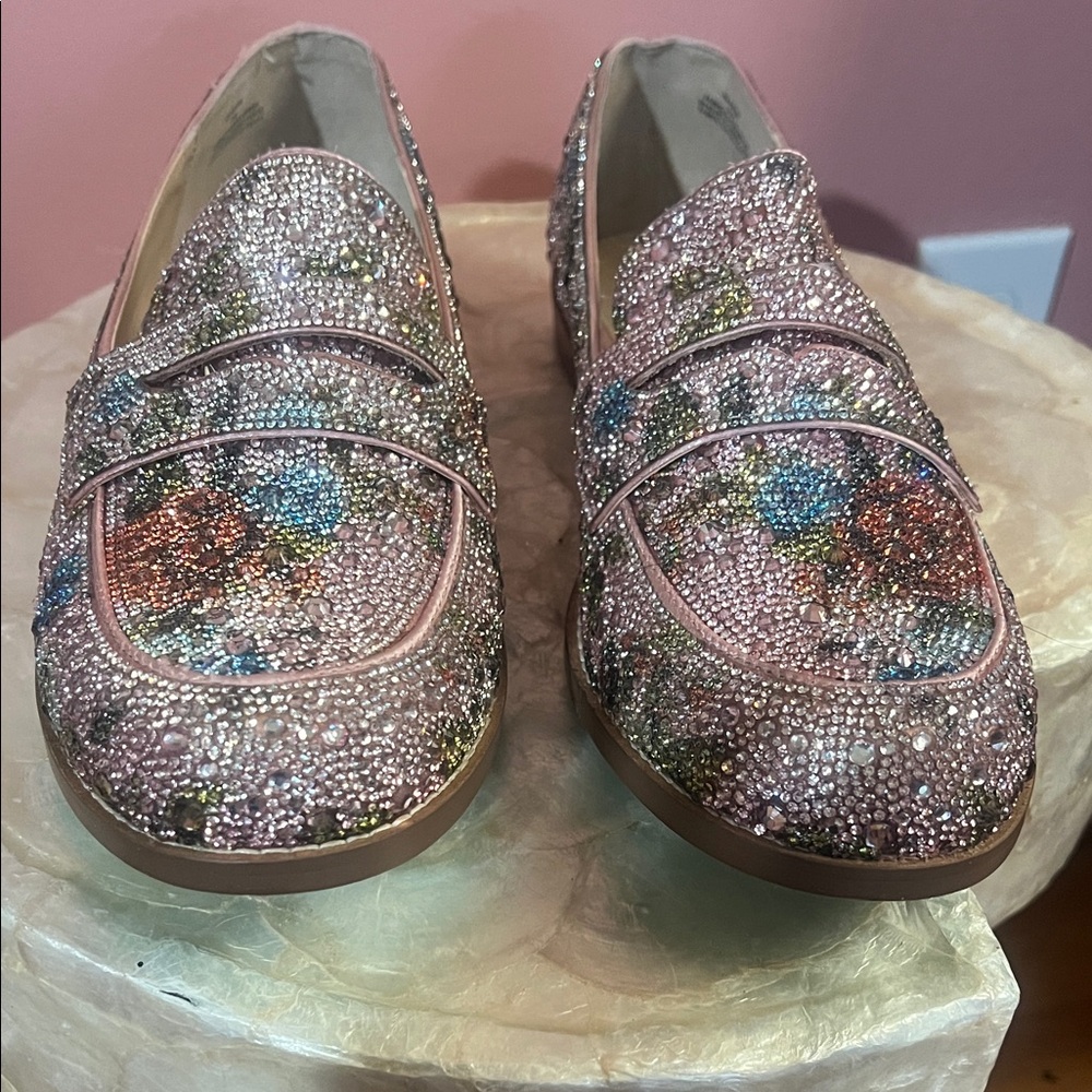 Rare! Betsey Johnson Aron Glitzy Floral Bedazzled Blue Sole Loafers